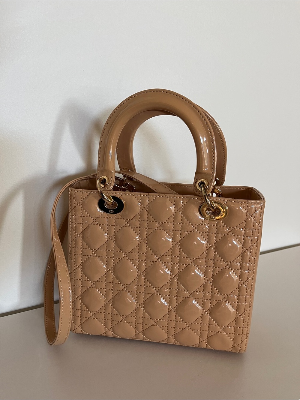 Patent Quilted Top-Handle Tote in Tan